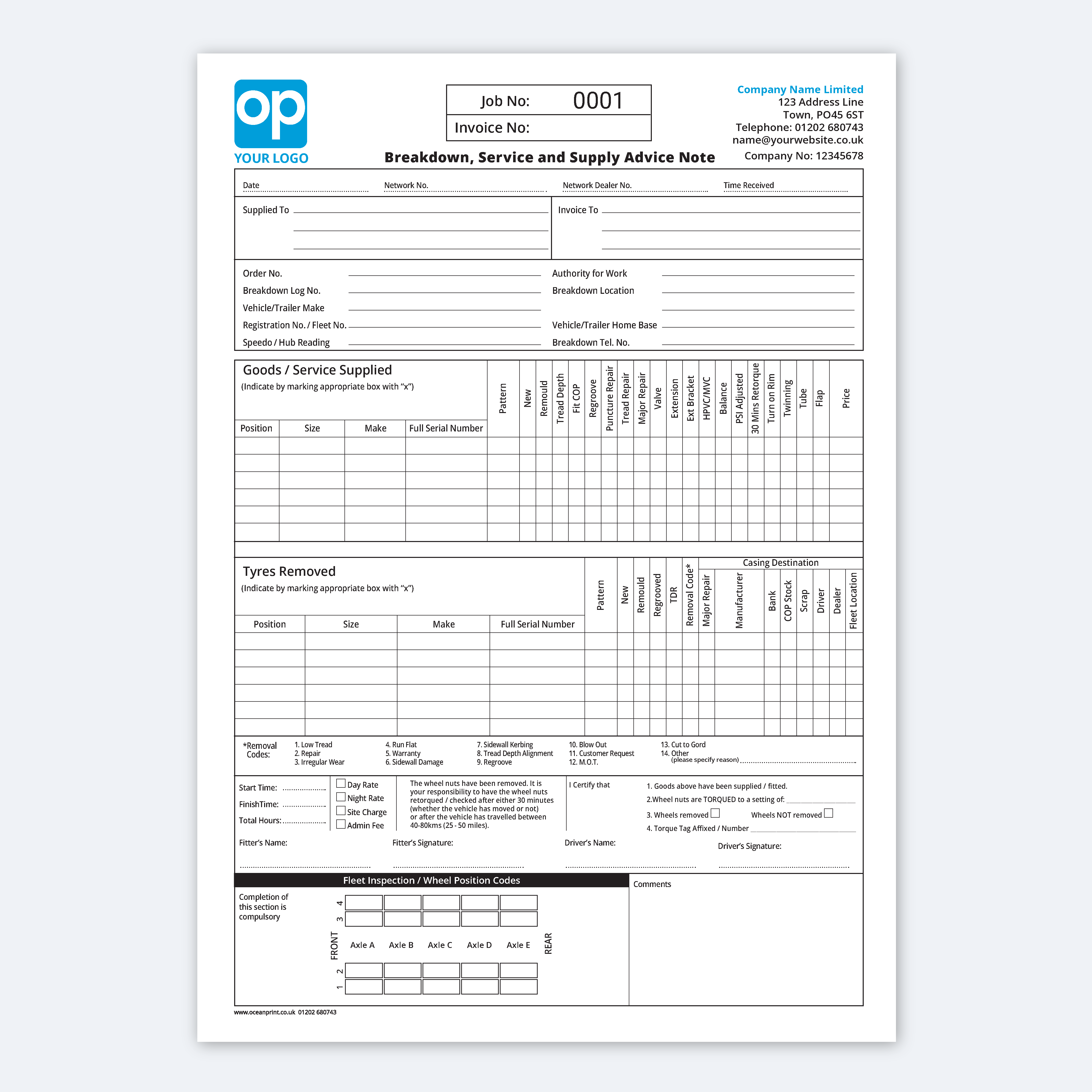 Truck tyre service report pad NCR form for breakdown and fleet maintenance