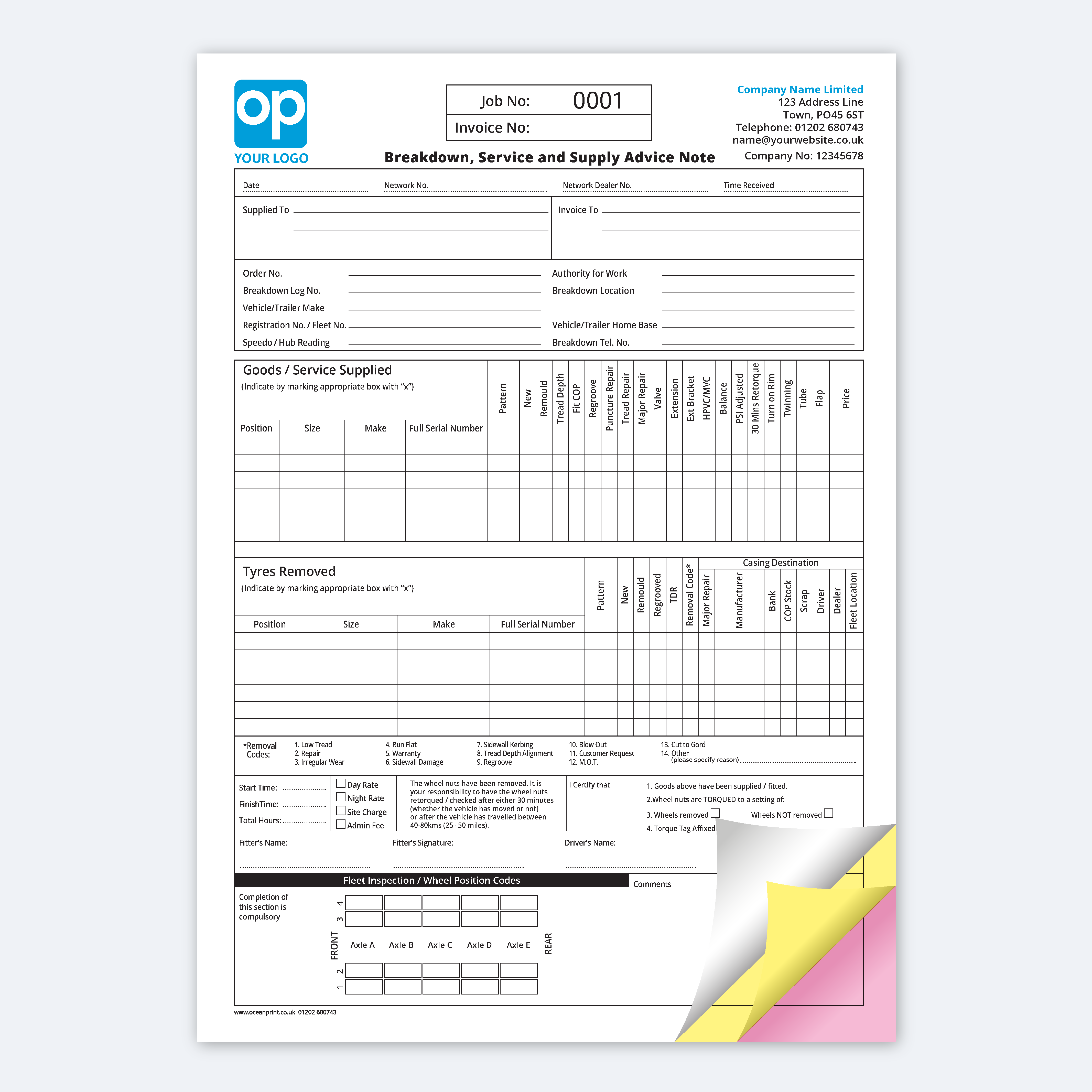 Truck tyre service report pad NCR form for breakdown and fleet maintenance