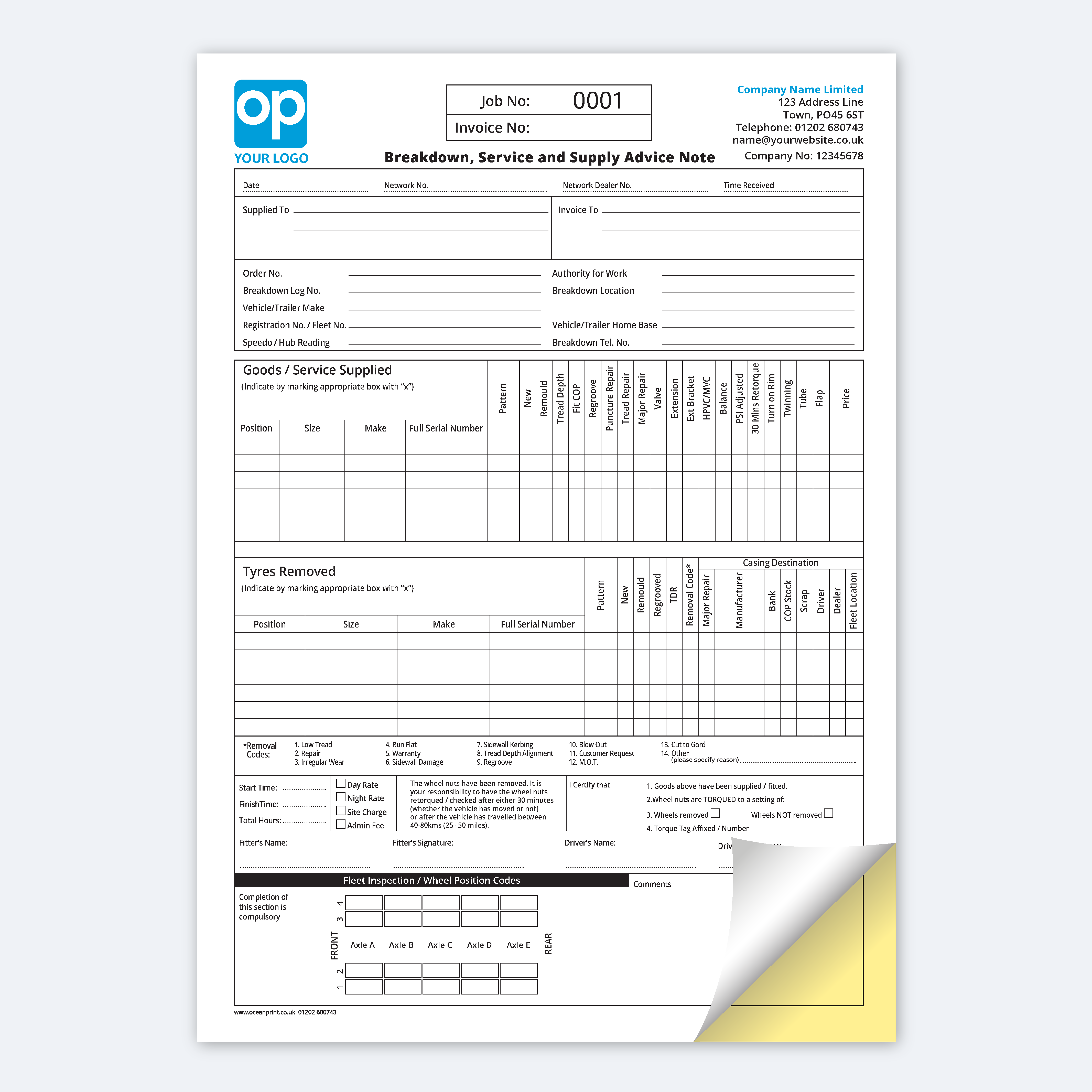Truck tyre service report pad NCR form for breakdown and fleet maintenance